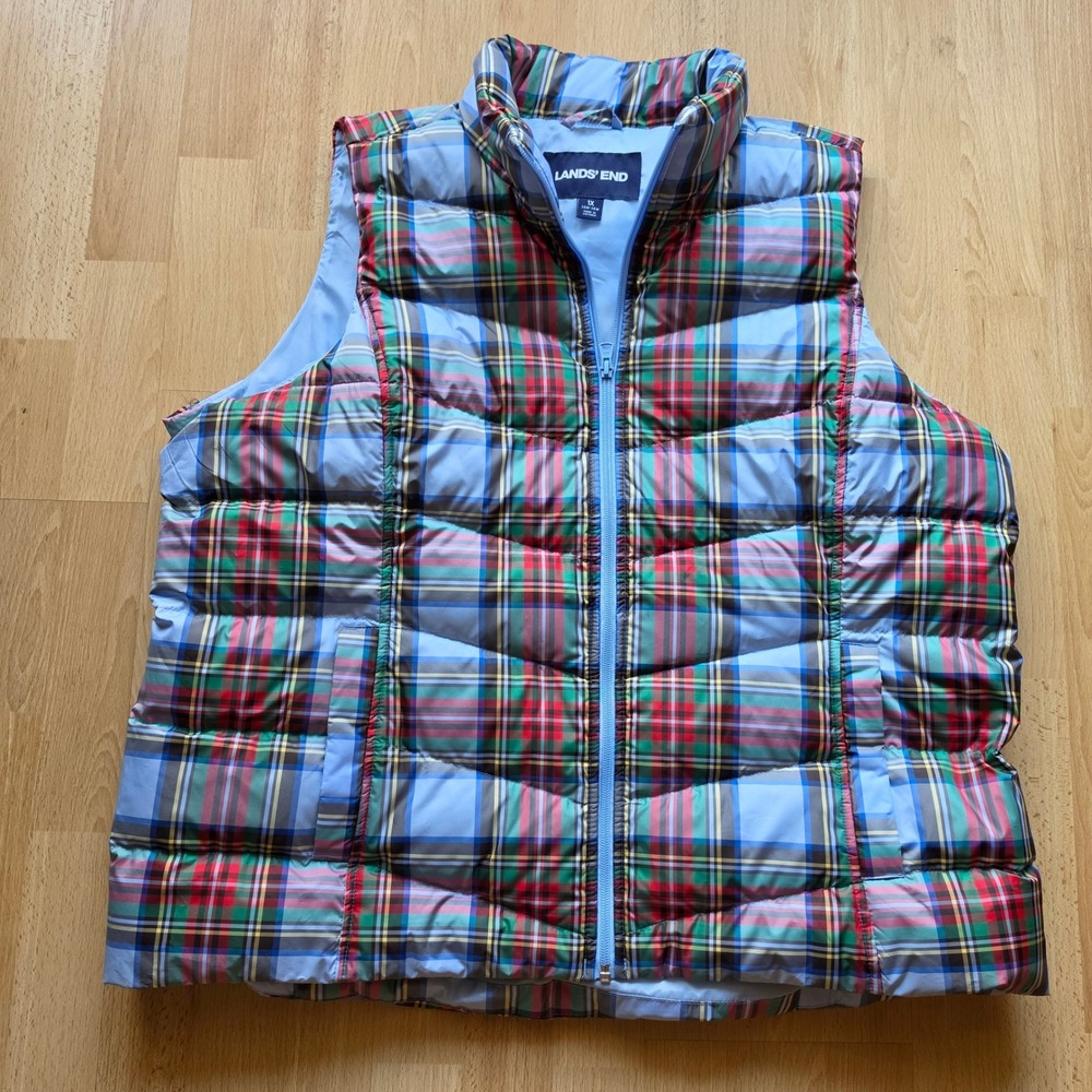 Lands End Womens 1X Plaid Down Puffer Vest Blue Red Green Quilted Zip 16W-18W - Picture 2 of 9